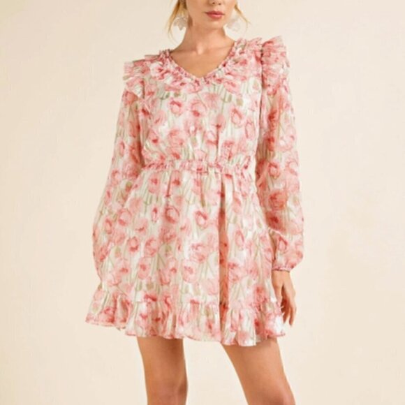 Kori Dresses & Skirts - 226. Chiffon Printed Pink & White Mini Dress